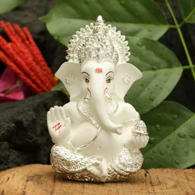 Ganesha Idol Silver Plated Ganesh for Car Dashboard Statue Home Decor 3.5 x 2 in