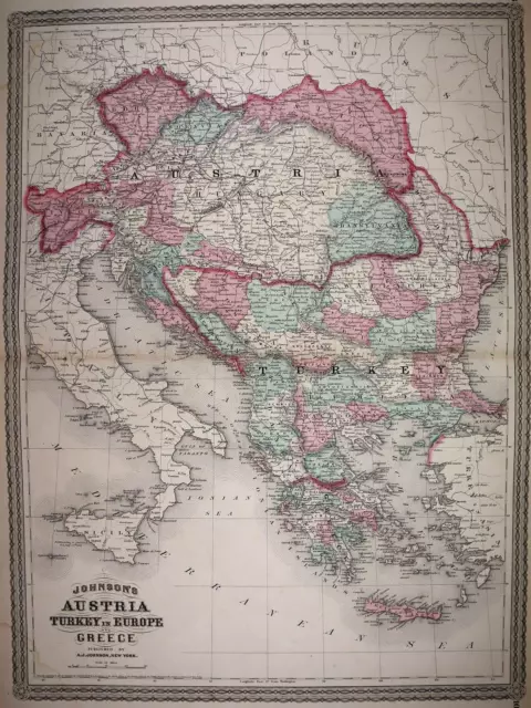 Authentic 1876 Johnson's Atlas Map ~ AUSTRIA - TURKEY - GREECE ~ FreeS&H