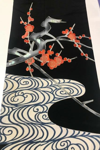 @@Japanese vintage kimono/ tomesode black silk fabric/ plum blossom G41