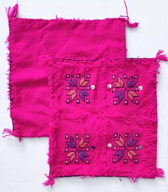 2 Handmade Fuchsia Pink Embroidered Needle Point 13” Square Decor Pillow Covers