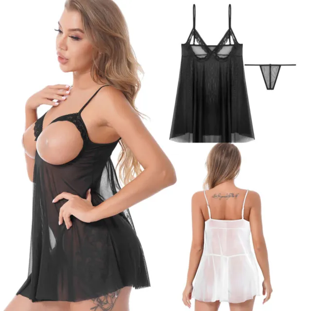 Damen Sexy Negligee Offene Brust Unterkleid Nachtkleid Minikleid mit G-String
