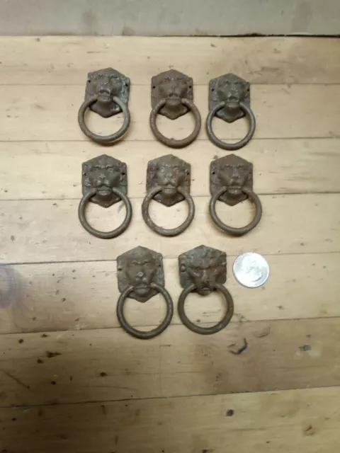 8 Vintage Pressed Steel Lion's Head Drawer Pulls Pull Ring