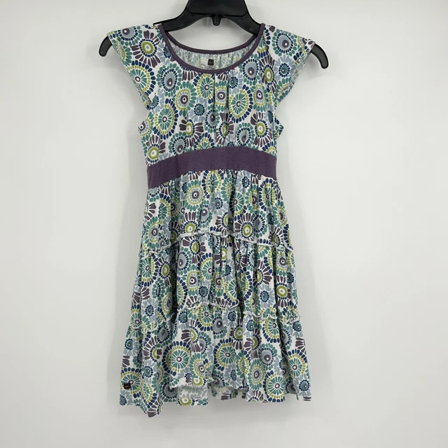 Tea Purple Green Circle Dot Pattern Tiered Dress Girls Size 7