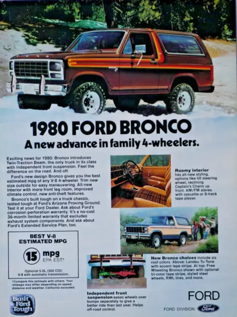 1980 Ford Bronco Built Ford Tough Vintage Original Print Ad-8.5 x 11"