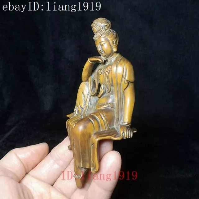 H 5 inch Old Chinese Boxwood Hand Carved Avalokitesvara Kwan-yin Buddha Statue 2