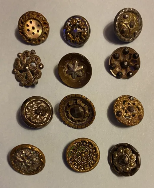 Victorian Antique Button Lot 12 Pierced Brass Riveted Cut Steel Mixed Metal 15mm