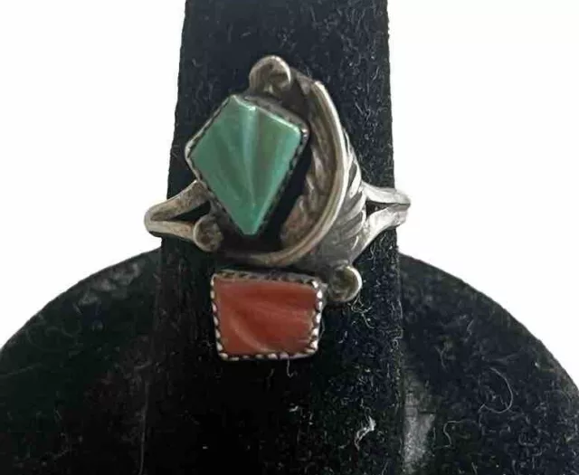 Vtg Old Pawn Sterling Silver Turquoise Coral Feather Ring Navajo Signed P Sz6