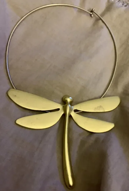Matte Goldtone Dramatic Dragonfly  Pendant Choker Necklace. 4”x5”