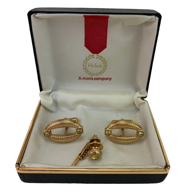 VTG Hickok Oval Cufflink Tie Pin Set Boxed Pale Green Glass Stones Gold Toned