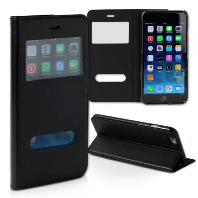 Funda Para Iphone 6 Plus Tapa Piel Silicona Ventana Iman Negro Negra Ventana