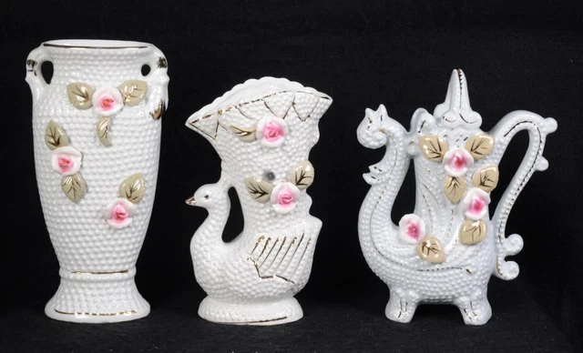 (3) Vintage MAJOLICA Pink Rose White & Gold: URN 7", VASE 6.25"H & BASKET 6.5"H