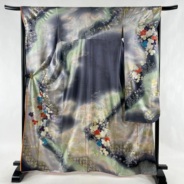 Woman Japanese Kimono Furisode Silk Flower Haze Gold Silver Foil GrayPurple