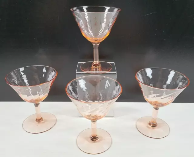 4 Pink Depression Swirl Optic Etch Champagne Sherbet Glasses Set Vintage Cut Lot