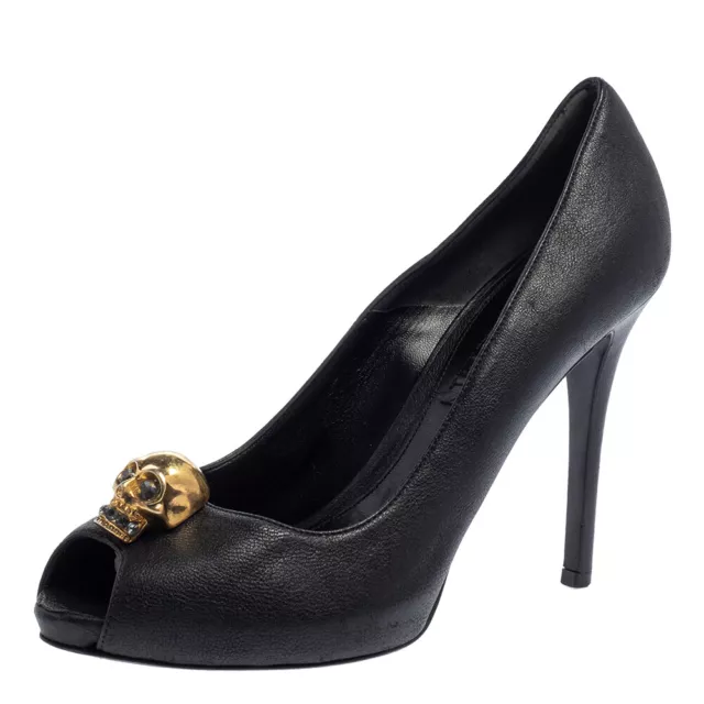 Alexander McQueen Black Leather Skull Embellished Peep Toe Pumps Size 37