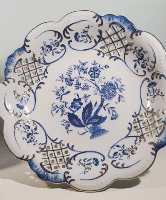 Pair Blue White German Porcelain Reticulated Pedestal Cake Stands Blue Onion