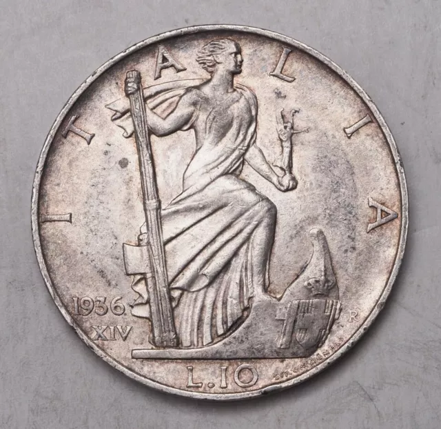 1936, Kingdom of Italy, Victor Emmanuel III. Silver 10 Lire Coin. XF-AU!