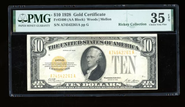 DBR 1928 $10 Gold Certificate Fr. 2400 PMG 35 EPQ Serial A74542261A