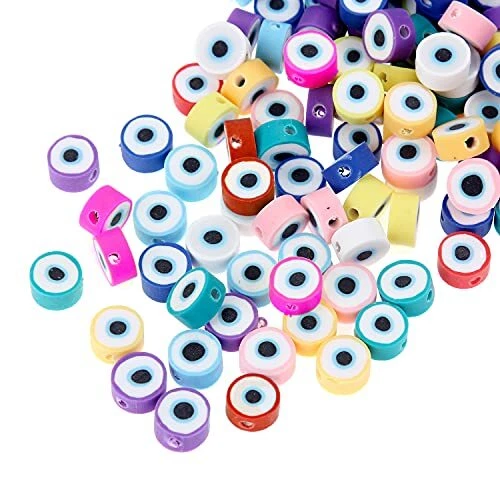 100 Pcs Assorted Colored Polymer Clay Beads Flat Round Disc with Evil Eye
