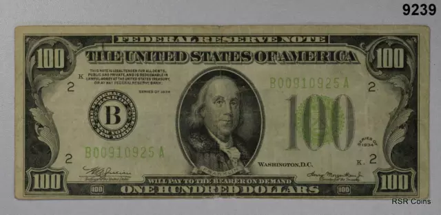 $100 1934 Federal Reserve Note Light Green Seal F15+ #9239