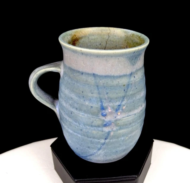 Pas Signed Studio Art Pottery Blue Wheel Thrown Abstract Flower 4" Mug