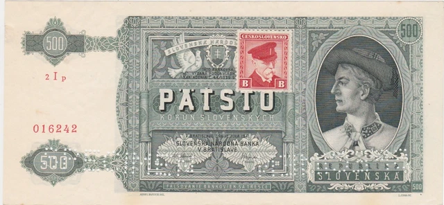 Slovakia 500 Korun 1941 with Czechoslovakia stamp aUNC specimen