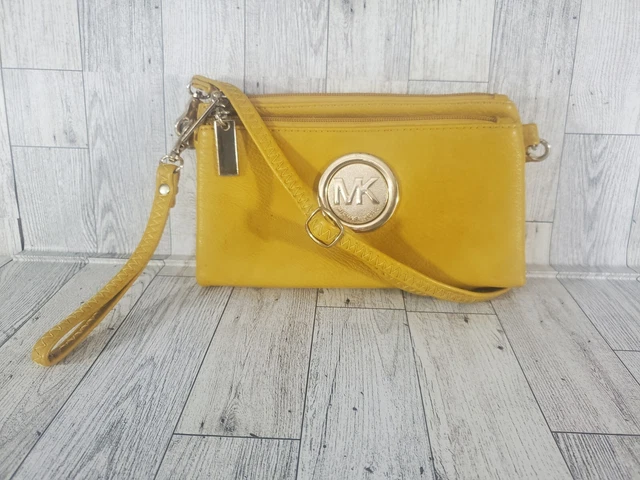 Michael Kors Leather Clutch Crossbody Yellow Purse Zippers Ajustable Small