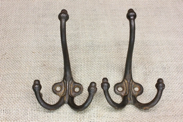 2 Old Triple Coat Hooks School Farm House Acorn Decorated 1880’s Antique Hangers