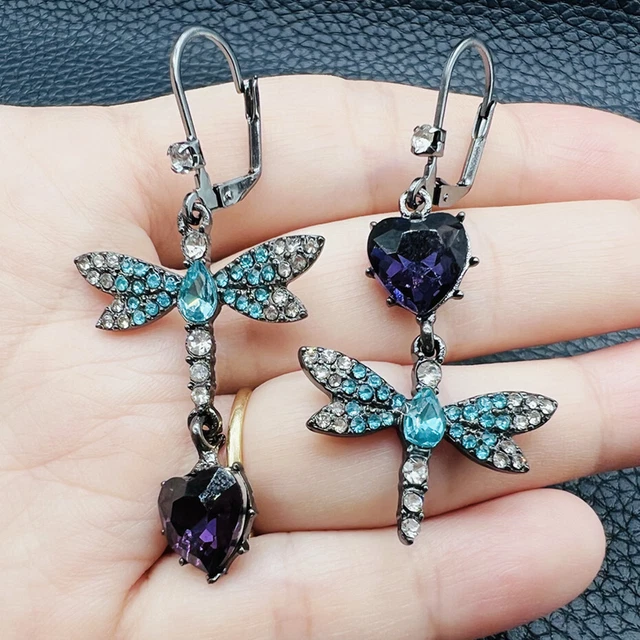 Betsey Johnson Blue Crystal Heart Dragonfly Animal Mismatch Dangle Earrings Gift