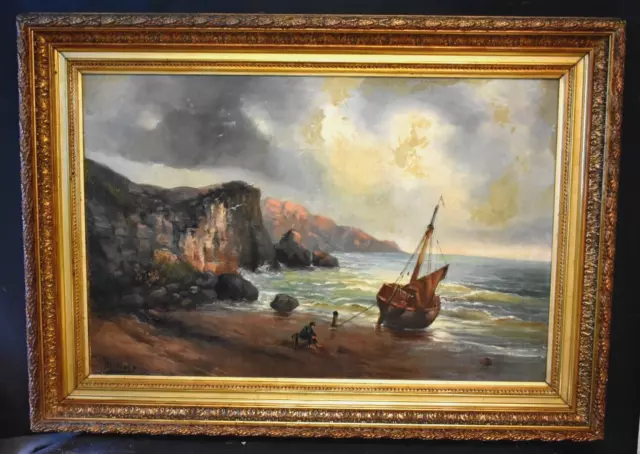 Pintura al óleo marina animada Etretat firmada escuela francesa del siglo XIX.