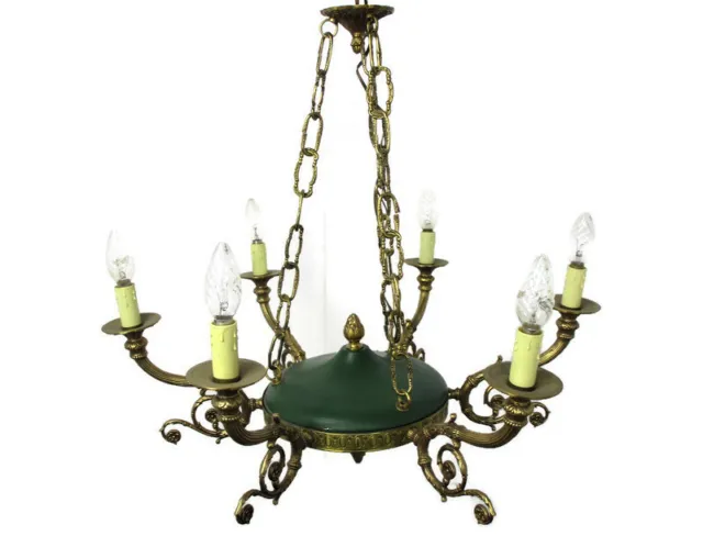 French Empire Pan Chandelier Green Tole Brass 6 arm Lights Hollywood Regency