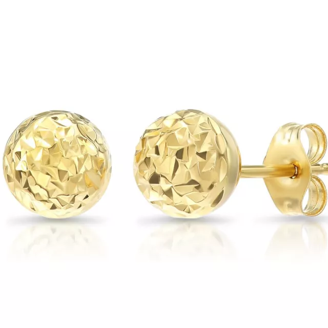 14K Real Solid Yellow Gold Diamond-Cut Round Ball Stud Push-back Earrings