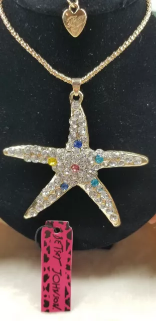Cute Betsey Johnson Goldtone Starfish Crystal Rhinestone Inlay Pendant Necklace