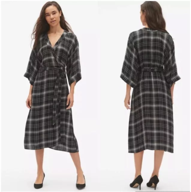 GAP Womens Black Plaid Viscose Wrap Tie Dress Size Large