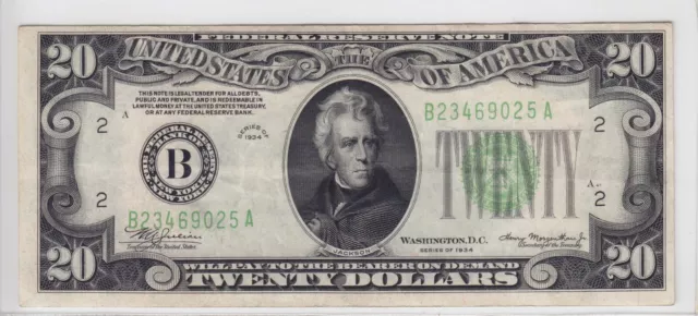 1934A $20 Federal Reserve Note New York FR#2055-B B23469025A