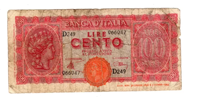 Italie ITALY ITALIA Billet 100 LIRA 1944 1896  WWII P75 BON ETAT