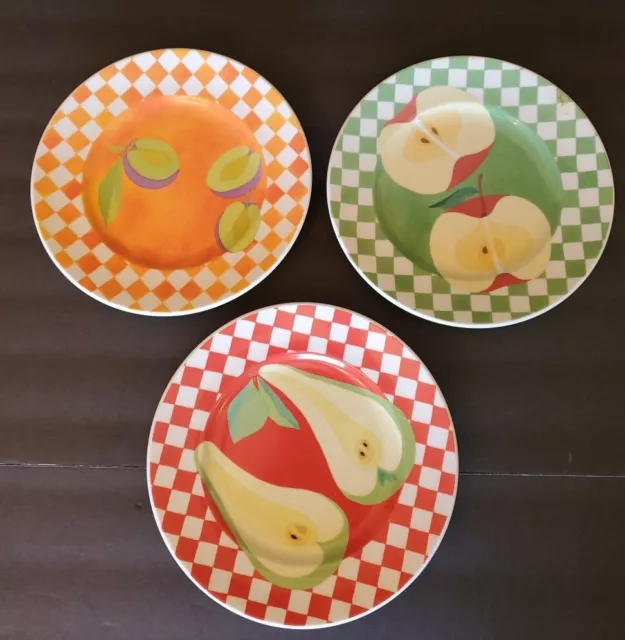 3 Williams Sonoma Carolina Checks and Fruit Plates 8.5" Wide Pear Apple Avocado