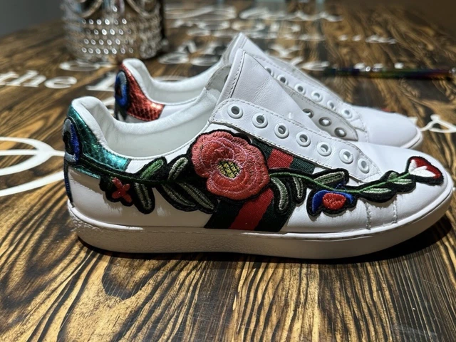 Gucci Web Floral Embroidered Ace Calfskin Leather Sneakers