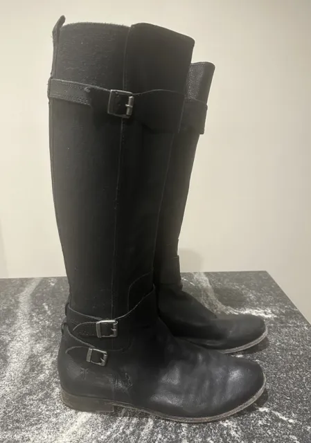 Frye Anna Gore Tall Riding Boots Womens Size 10M Black Buffalo Leather Knee High