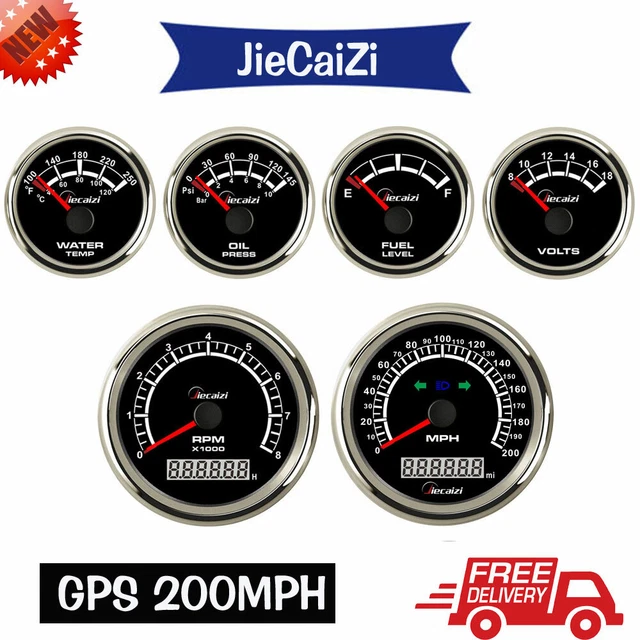 6 GAUGE SET black 200mph gps speedometer tacho fuel volt oil temp for