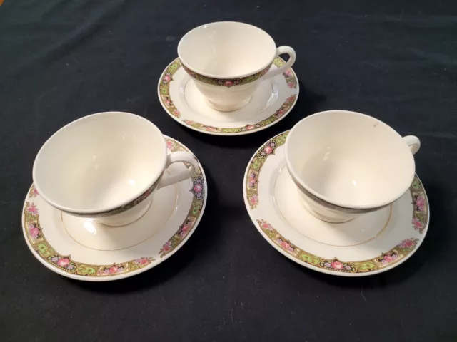 6 pcs Edwin M Knowles China Co Cups and Saucers Pink Roses Gold Trim