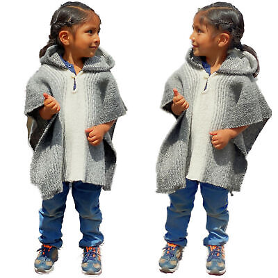 Hooded Kids Poncho Unisex Llama Wool Jacket All Sizes Family Look Handmade