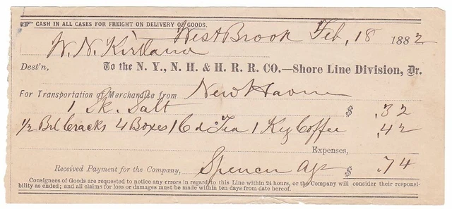 Pair of 1873 & 1882 Railroad Freight Receipts New York, New Haven, & Hartford RR