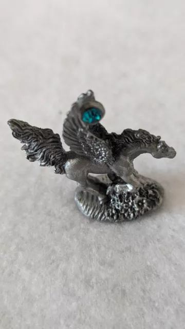 Vintage Miniature Pewter Pegasus Figurine with Green Faceted Crystal OCI 4119