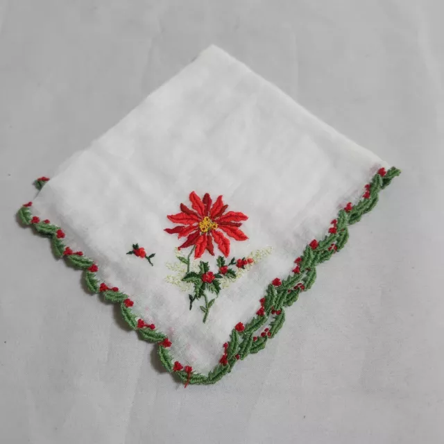 Vintage Embroidered Poinsettia Holly Leaf Christmas Hankie Ladies Handkerchief