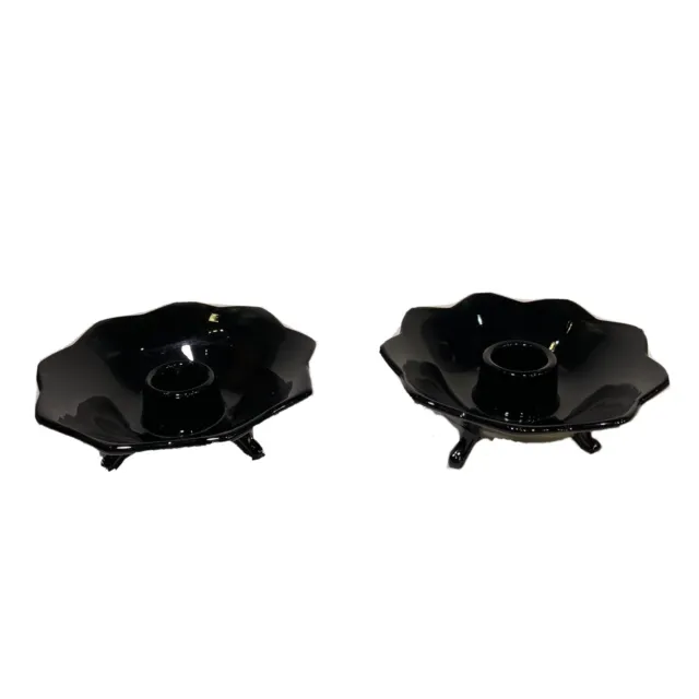 Vintage Fenton Art Glass PETAL No. 848 Black Pair of 3-Footed Candle Holders MCM