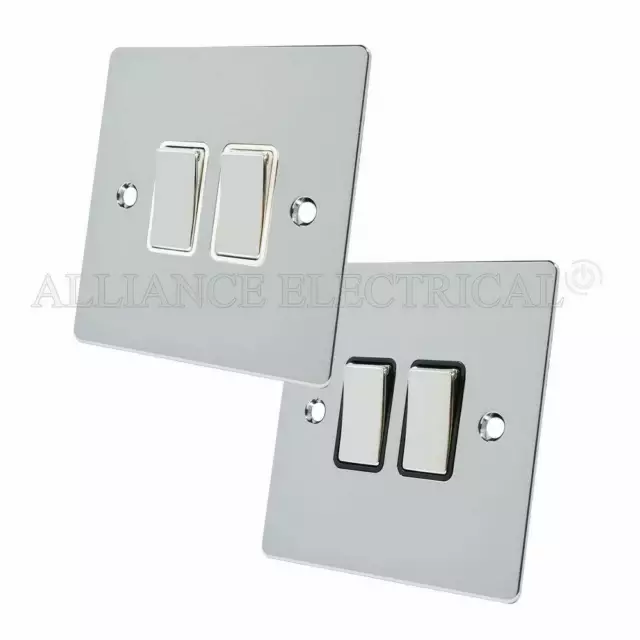 Polished Mirror Chrome Flat 2 Gang Switch - 10 Amp Double 2G 2 Way Light Switch