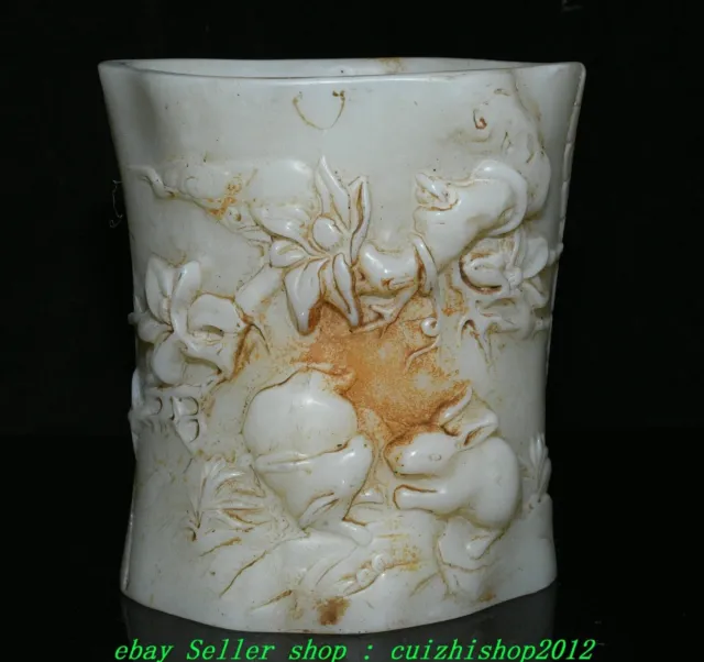 5" Old Chinese Han White Jade Carve 12 Zodiac Rabbit Hare Brush Pot Pencil Vase