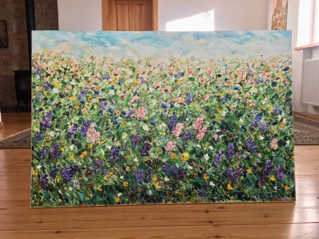 Großes Lupinen Feld Impasto Ölgemälde auf Leinwand Original Blumenfeld Gemälde