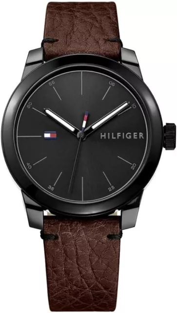 Tommy Hilfiger Mens Watch Black Dial Brown Leather Band NIB 1791383