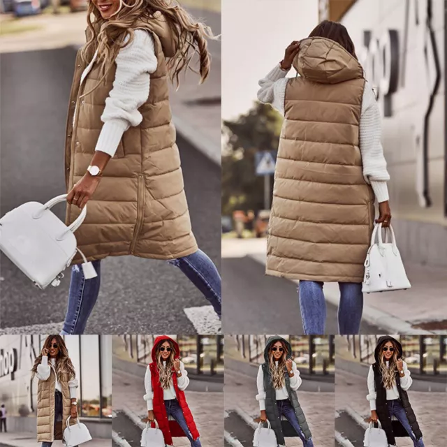 Damen Weste Puffer Lange Linie Gepolstert Knopf Steppjacke Körperwärmer US ❥